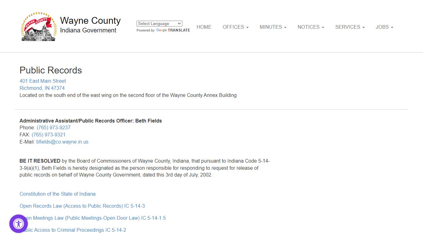 Wayne County Indiana Public Records Officer